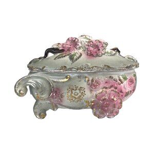 Ceramic Handmade Flower Wagon Trinket Lidded Box, Gold Pink Detail Baroque